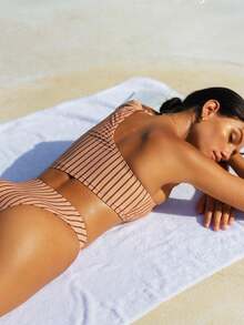 Striped Hollow Out One-Piece Swimsuit Summer - 咖条色 - View 3