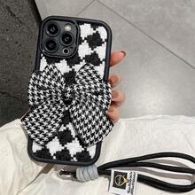 可愛的韓國便攜式防丟手帶3D蝴蝶結編織圖案格紋殼,與iPhone 15 14 13 12 11 Pro Max 14 15 Plus相容的保護套 - 大蝴蝶結掛繩 - 查看 13