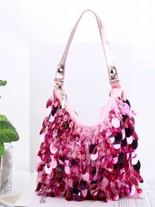 Bolso De Mano De Fiesta Mini Con Cuentas Brillantes Y Material Seleccionado - Rosa Fucsia - Ver 7