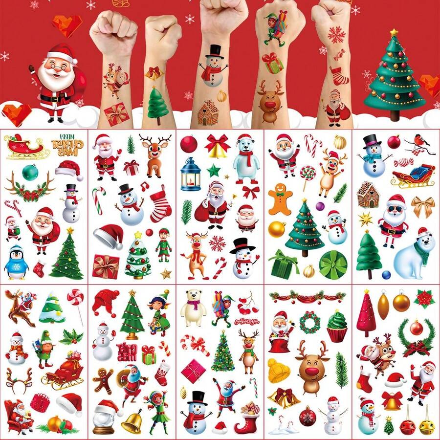 10張聖誕節臨時紋身貼紙,用於聖誕派對裝飾和防水假紋身,包括聖誕樹、雪人、聖誕老人等圖案,聖誕前夕禮物 - 黑色 - 查看 1