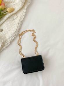 小众设计百搭纯色简约方形包，时尚链条单肩/斜挎包，方形锁扣 - 黑色 - 查看 4