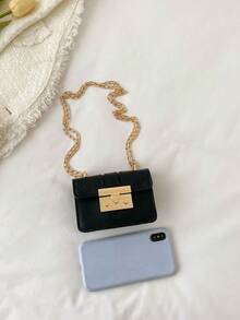 小众设计百搭纯色简约方形包，时尚链条单肩/斜挎包，方形锁扣 - 黑色 - 查看 5