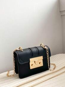 小众设计百搭纯色简约方形包，时尚链条单肩/斜挎包，方形锁扣 - 黑色 - 查看 1