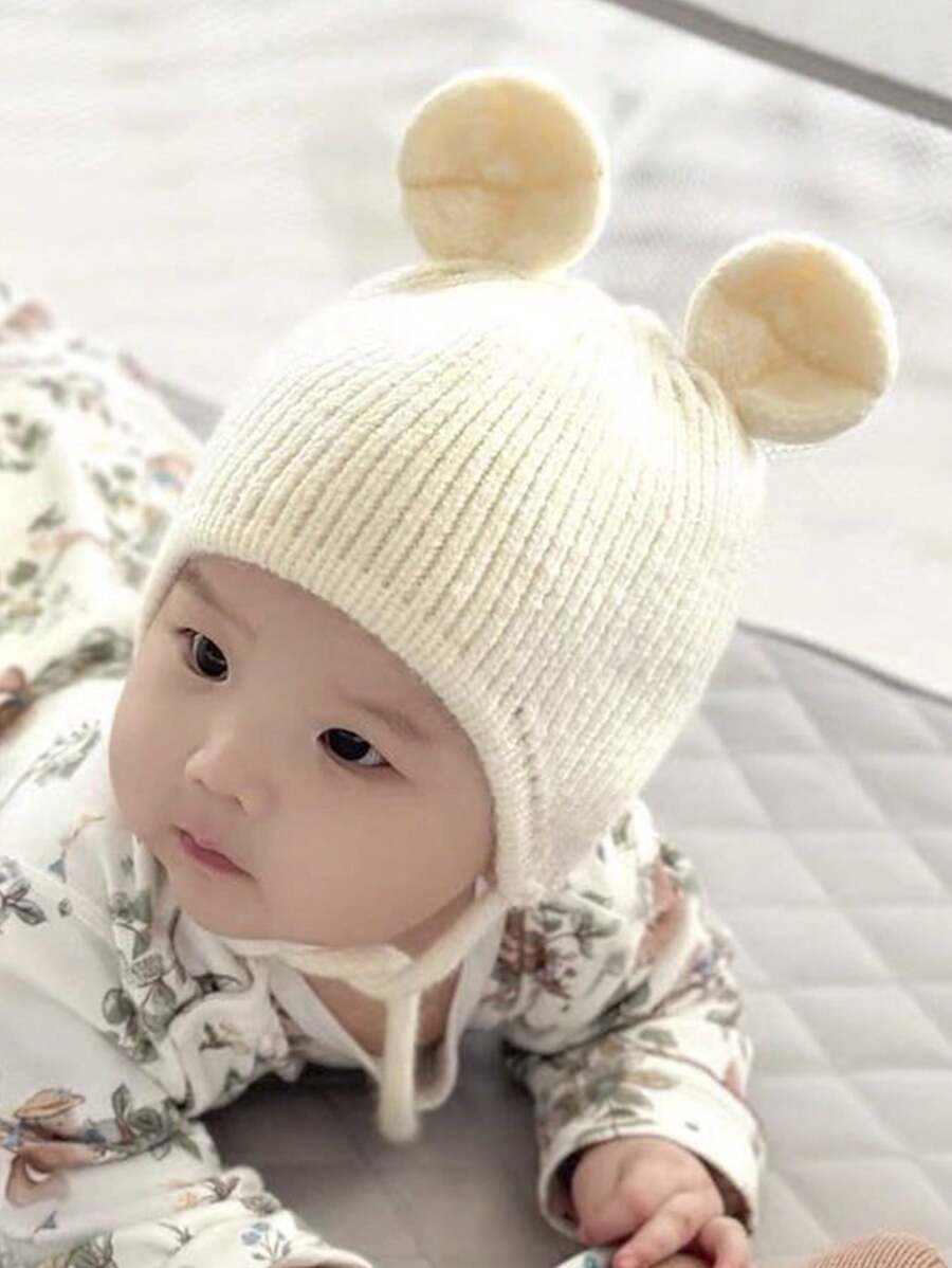 1個超萌嬰兒用小耳朵3-12m秋冬季保暖針織帽,適合日常使用並可保護耳朵和頭頂 - 白色 - 查看 1