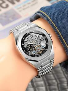 Caluxe 1入組男士時尚銀色陀飛輪骨架自動機械手錶，豪華鑽石鈦晶錶盤，頂級品牌不銹鋼商務/休閒手錶，配火山石手鍊和禮盒禮品套裝，男士禮物