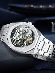 Caluxe 1入組男士時尚銀色陀飛輪骨架自動機械手錶，豪華鑽石鈦晶錶盤，頂級品牌不銹鋼商務/休閒手錶，配火山石手鍊和禮盒禮品套裝，男士禮物