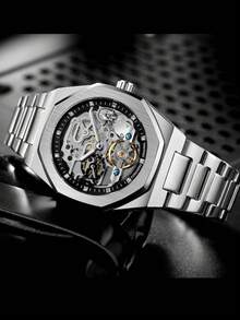 Caluxe 1入組男士時尚銀色陀飛輪骨架自動機械手錶，豪華鑽石鈦晶錶盤，頂級品牌不銹鋼商務/休閒手錶，配火山石手鍊和禮盒禮品套裝，男士禮物