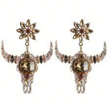 1 Pair Champagne Cow Heads Earring Of Personalized New Gothic Women's Cow Horns, Hanging Earrings, Resin Glass Rhinestones, Gold, Suitable For Outings, Parties, And Holidays - Champagne - View 12
