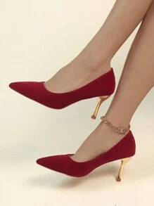 新款中式風格粗跟紅色高跟鞋女士日常穿搭鞋 - 紅色 - 查看 1