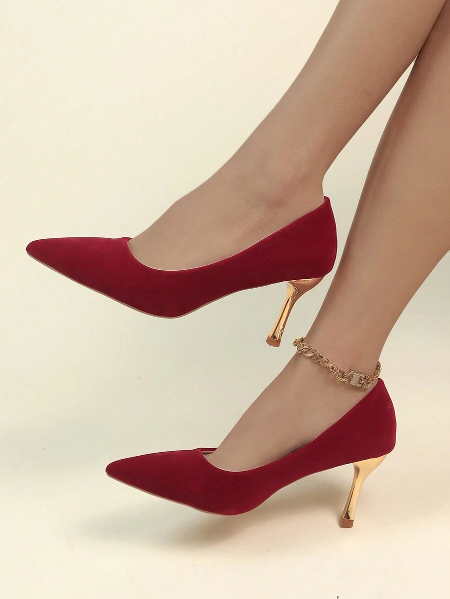 新款中式風格粗跟紅色高跟鞋女士日常穿搭鞋 - 紅色 - 查看 1