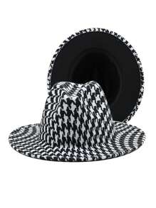 1顶秋冬千鸟格纹女士软呢帽，百搭款式 - 黑與白 - 查看 2