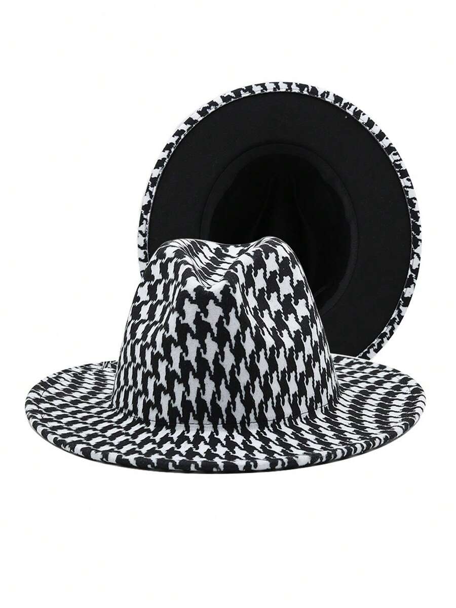 1顶秋冬千鸟格纹女士软呢帽，百搭款式