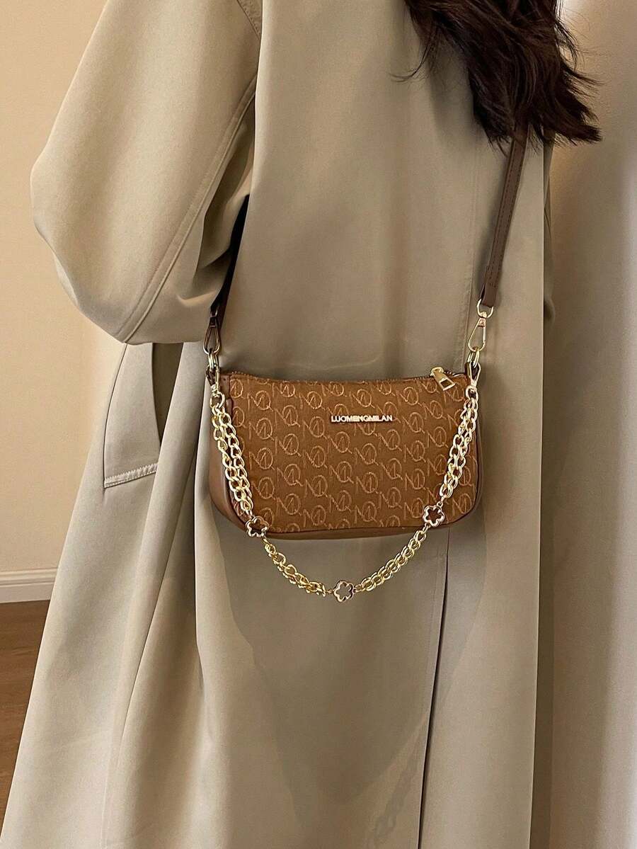 1pc Women's PU Leather Letter M Shaped Chain Shoulder Bag, Fashionable Armpit Bag/Messenger Bag/Crossbody Bag, Cute For Commute And Street Wear - Brown - View 1