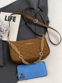 1pc Women's PU Leather Letter M Shaped Chain Shoulder Bag, Fashionable Armpit Bag/Messenger Bag/Crossbody Bag, Cute For Commute And Street Wear - Brown - View 5