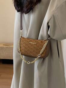 1pc Women's PU Leather Letter M Shaped Chain Shoulder Bag, Fashionable Armpit Bag/Messenger Bag/Crossbody Bag, Cute For Commute And Street Wear - Brown - View 2