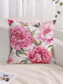 1pc Flower Pattern Decorative Pillow Case, Simple Plush Fabric Printed Cushion Cover, Suitable For Sofa Bedroom Home, Without Filler - Hot Pink - View 4