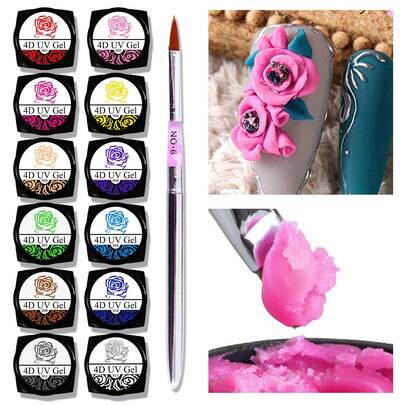 TWOING 12色套裝指甲藝術配件雕刻膠用品3d 4d模型雕刻泥塑料紫外線膠diy指甲油彩繪可拆卸3d浮雕膠