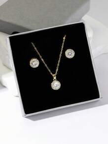 1串銅質時尚簡約滿鑲圓形吊墜項鍊+1對銅質時尚簡約滿鑲圓形耳環珠寶套裝,女士宴會禮物 - 金黃色 - 查看 1