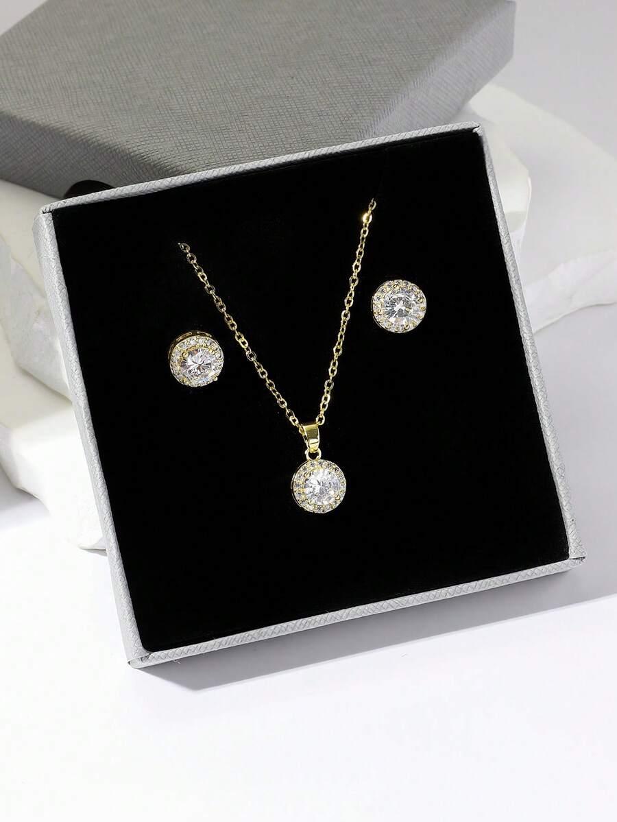 1串銅質時尚簡約滿鑲圓形吊墜項鍊+1對銅質時尚簡約滿鑲圓形耳環珠寶套裝,女士宴會禮物 - 金黃色 - 查看 1