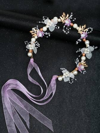 1 Pezzo Di Fascia Dolce Con Decorazioni Floreali E Perline In Stile Principessa Per Ragazze, Adatto Per Spettacoli Del Giorno Dei Bambini, Abbinabile A Vestiti O Accessori Per Matrimoni