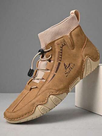 Men's Convenient Elastic Strap Buckle, Fashionable Spliced Pu Leather High Top Handmade Casual Shoes