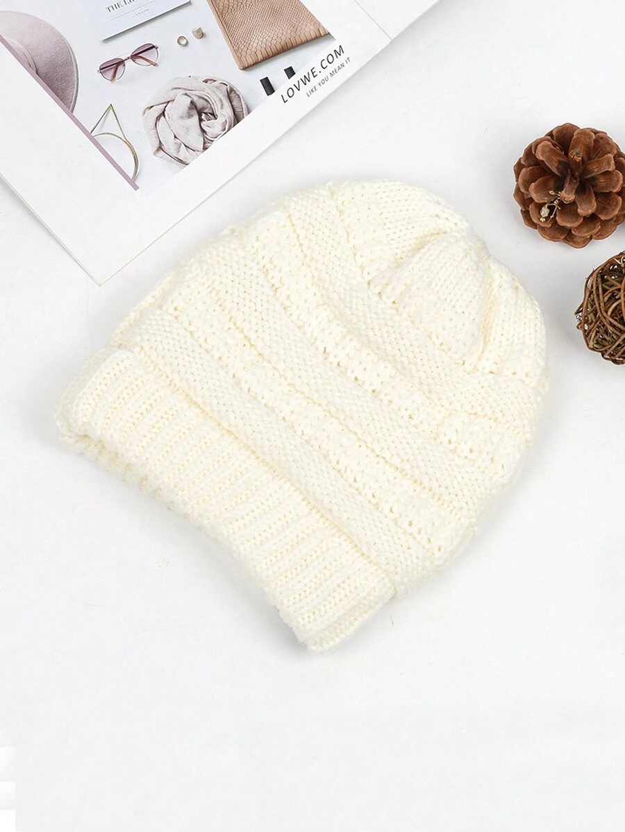 1pc Solid Color Ponytail Hat For Autumn And Winter, Knitted Warm Ear Protection And Ponytail Opening Cap, Candy Colored Knitted Hat - White - View 1