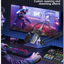 直播音效卡設備套裝 48v 音效卡麥克風套件,帶 Rgb 彩色燈光和懸臂支架 - 黑與白 - 查看 7