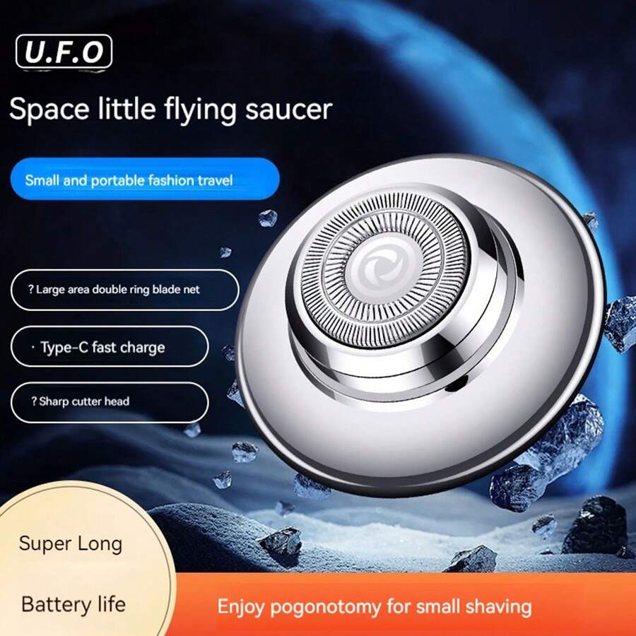 個人化星空 Ufo 形狀 Usb 充電電動刮鬍刀刮鬍刀大號可拆卸雙環網布和可水洗刀片男士剃須 - 銀色 - 查看 1