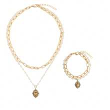 極簡風格時尚風格銅合金鍍金首飾套裝帶金色配件心形鑲嵌吊墜適用於女性日常穿著 - 3件組 項鍊+耳環+手鍊 - 查看 9