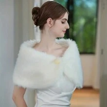 秋冬保暖毛絨披肩,附珍珠球裝飾,可用於外套、旗袍、婚禮裙或派對裙的保暖 - 白色 - 查看 5