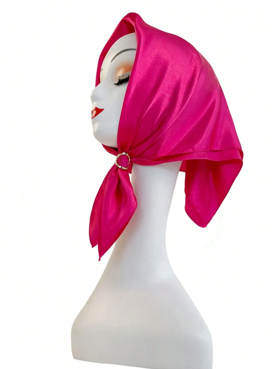 1條女性時尚純色仿真絲方巾,可作髮帶、頸部裝飾、沙灘巾、聖誕裝飾 - 玫紅色 - 查看 1