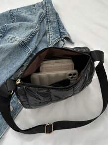 1pc Quilted Checkered Polyester Fiber Shoulder Bag With Zipper Closure And Glossy Surface, Suitable For Women's Daily Use - Black - View 9