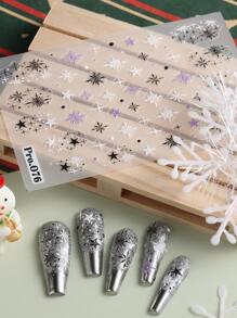 2 miếng dán móng tay hình bông tuyết đen trắng hình ngôi sao mùa đông năm mới trang trí móng tay - Nhiều màu - Xem 3