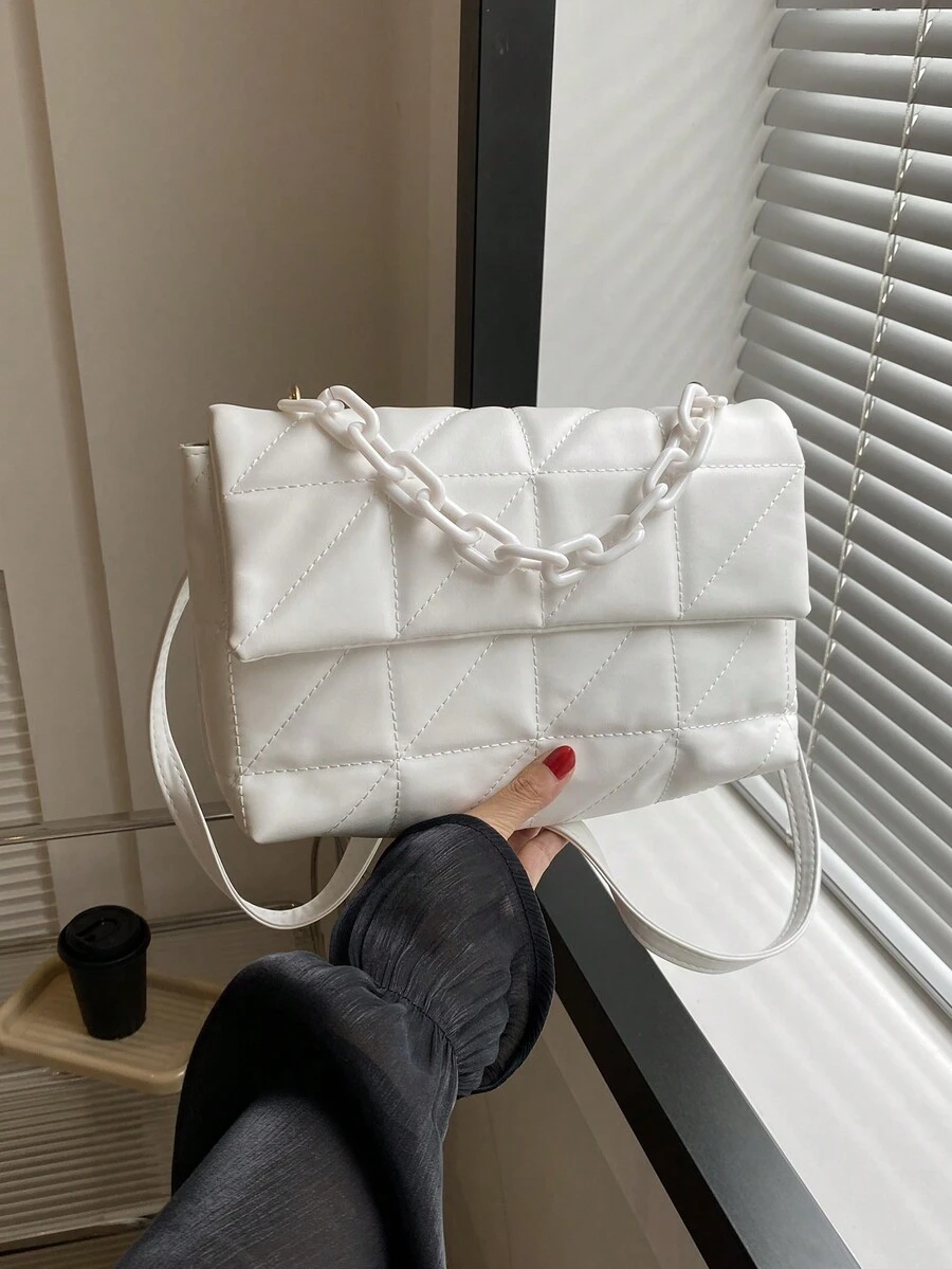 Fashionable Acrylic Chain Embroidered Diamond Pattern Handbag For Women - White - View 1