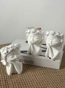 DIY Cute Girl Head Shaped Concrete Vase Silicone Mold - White - View 4