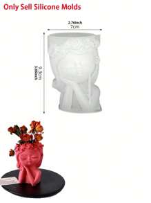 DIY Cute Girl Head Shaped Concrete Vase Silicone Mold - White - View 2
