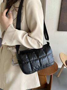 1pc Quilted Checkered Polyester Fiber Shoulder Bag With Zipper Closure And Glossy Surface, Suitable For Women's Daily Use - Black - View 6