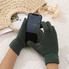 1 cặp Găng tay dệt kim co giãn lót nhiệt hình quả dứa màu trơn cho mùa đông, phong cách thường ngày - Màu xám đen - Xem 7