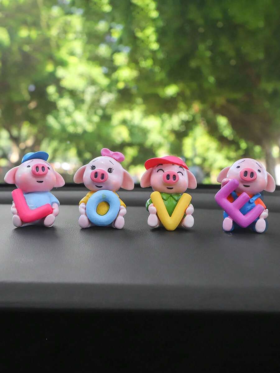 4pcs Cute Piggy Love Car Decoration, Creative Car Dashboard Ornament - Multicolor - View 1