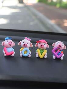 4pcs Cute Piggy Love Car Decoration, Creative Car Dashboard Ornament - Multicolor - View 4