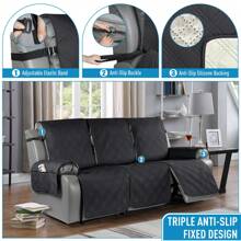 1/2/3 Seat Waterproof Recliner Sofa Cover, Non Slip Recliner Chair Covers, Washable Reclining Couch Cover Outdoor Cushion Covers Garden Furniture Protector With Elastic Straps Pocket For Pets, Cats, Dogs Black - 黑色 - 查看 7