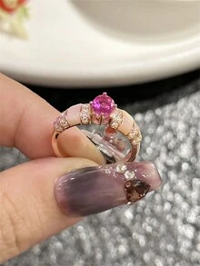 1入組迷人的天然粉色母蚝貝與高碳鑽石925銀戒指，適合女性日常佩戴 - 金色 - 查看 7