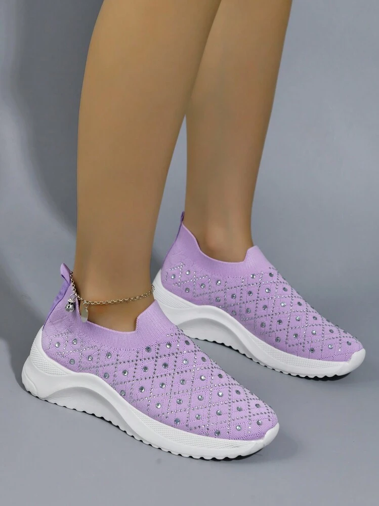 Women s Purple Athletic Shoes Lightweight Fashionable Knitted Breathable Comfortable Slip on Sneakers With Rhinestone Decor 2023 Spring And Summer Collection SHEIN USA