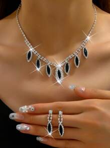 yijiangbeiting 3入組結婚女士珠寶套裝,流蘇鑽石耳針項鍊,豪華派對時尚配飾 - 黑色 - 查看 13