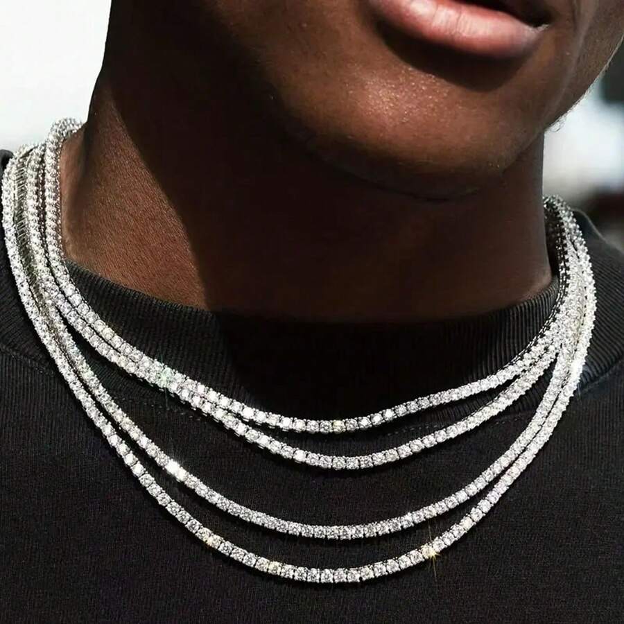 Richspirit男女全鉆石網球鏈,鎖扣項鍊,奢華鑽石毛衣鏈,街頭風格單排男士網球鏈
