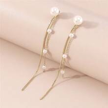 1對女士金色珍珠流蘇耳環,適合日常、派對和節日使用 - 金色 - 查看 8