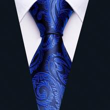 紅酒紅色花卉男士絲質領帶，經典領帶，袖扣、方巾套裝，適用於婚禮 - 寶藍色 - 查看 2