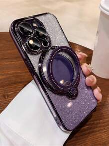 1PC Purple Bling Glitter Gradient Sequin With Stand Camera Glass Film Clear Phone Case Compatible With IPhone 15 14 13 12 11 XS XR X 7 Plus Pro Max Silicone Full Coverage Protective