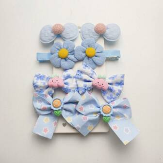 8 Piezas/set Pasador De Pelo Para Niña En Color Azul Con Diseño De Cuadros De Tela, Pasador De Pelo Decorativo De Tela Con Forma De Flor, Pasador De Pelo Decorativo Con Forma De Nube Y Flor De Resina, Pasador De Pelo Decorativo Con Forma De Girasol Y Arco Iris De Estrella, Clip De Pelo Decorativo Con Forma De Pelícano, Conjunto De Accesorios Para El Cabello Con Pasadores De Pelo, Estilo Dulce