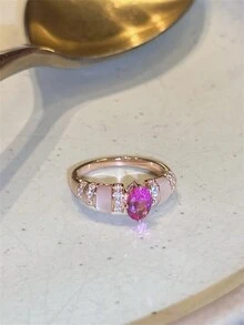 1入組迷人的天然粉色母蚝貝與高碳鑽石925銀戒指，適合女性日常佩戴 - 金色 - 查看 4